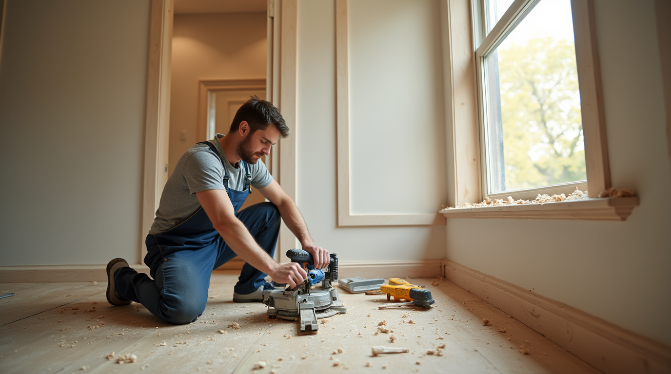 A professional carpenter working on interior finishing touches in a stylish residential or commerci js8p13ghzmm1dp3wsoo4 2