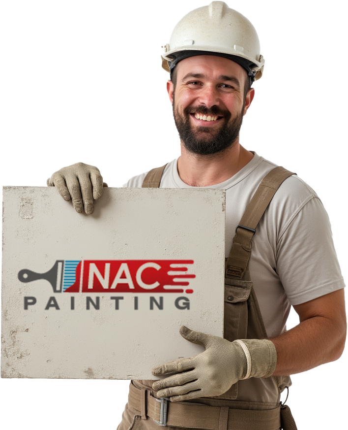 Here is an image of a worker holding a pice of drywall to work mastic half body with a dirty work u uabz5xk9daq92ikrvy8m 0